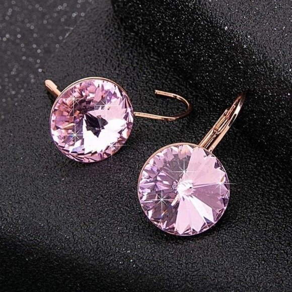 18K Yellow Gold Plated Pink Zircon Crystal Drop Hoop Earrings Gorgeous Gift - Picture 2 of 3